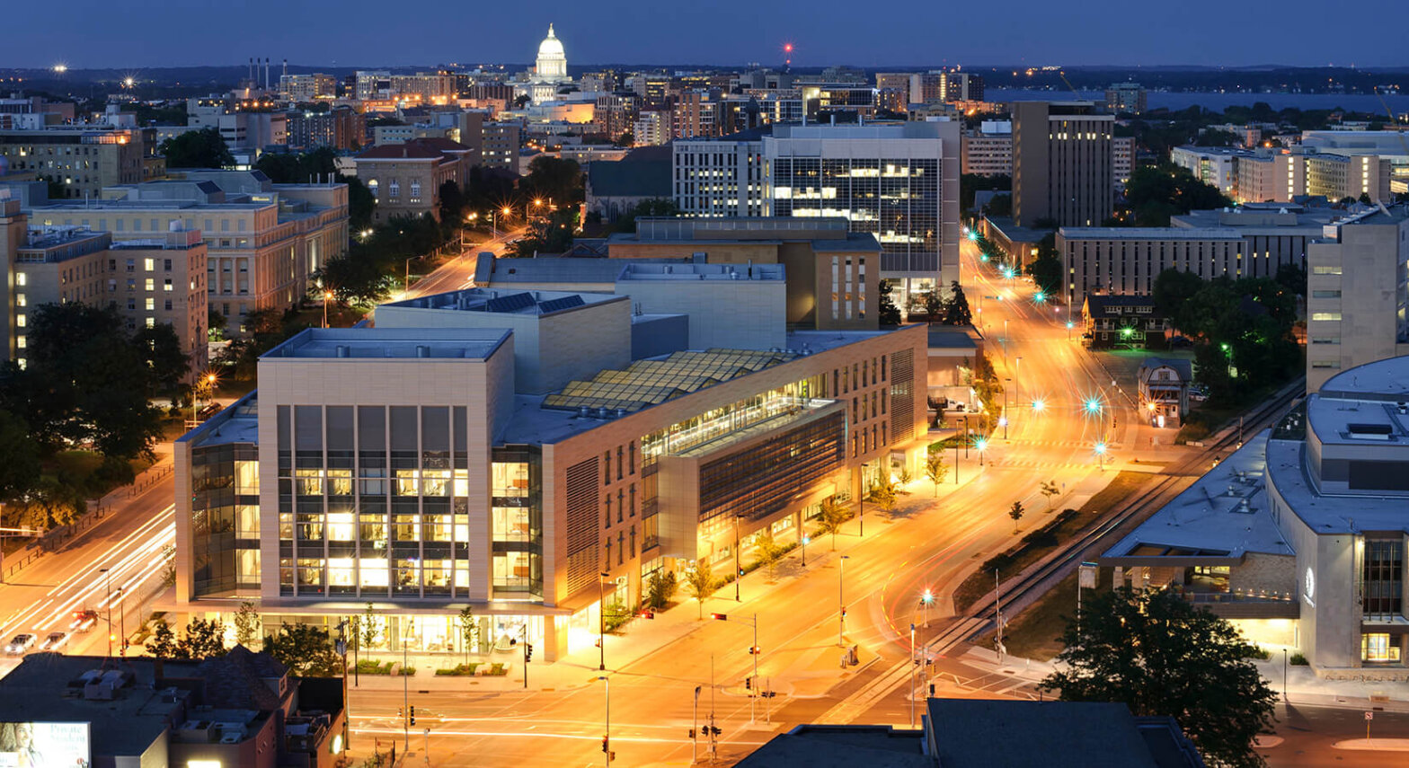 The Discovery Building at night